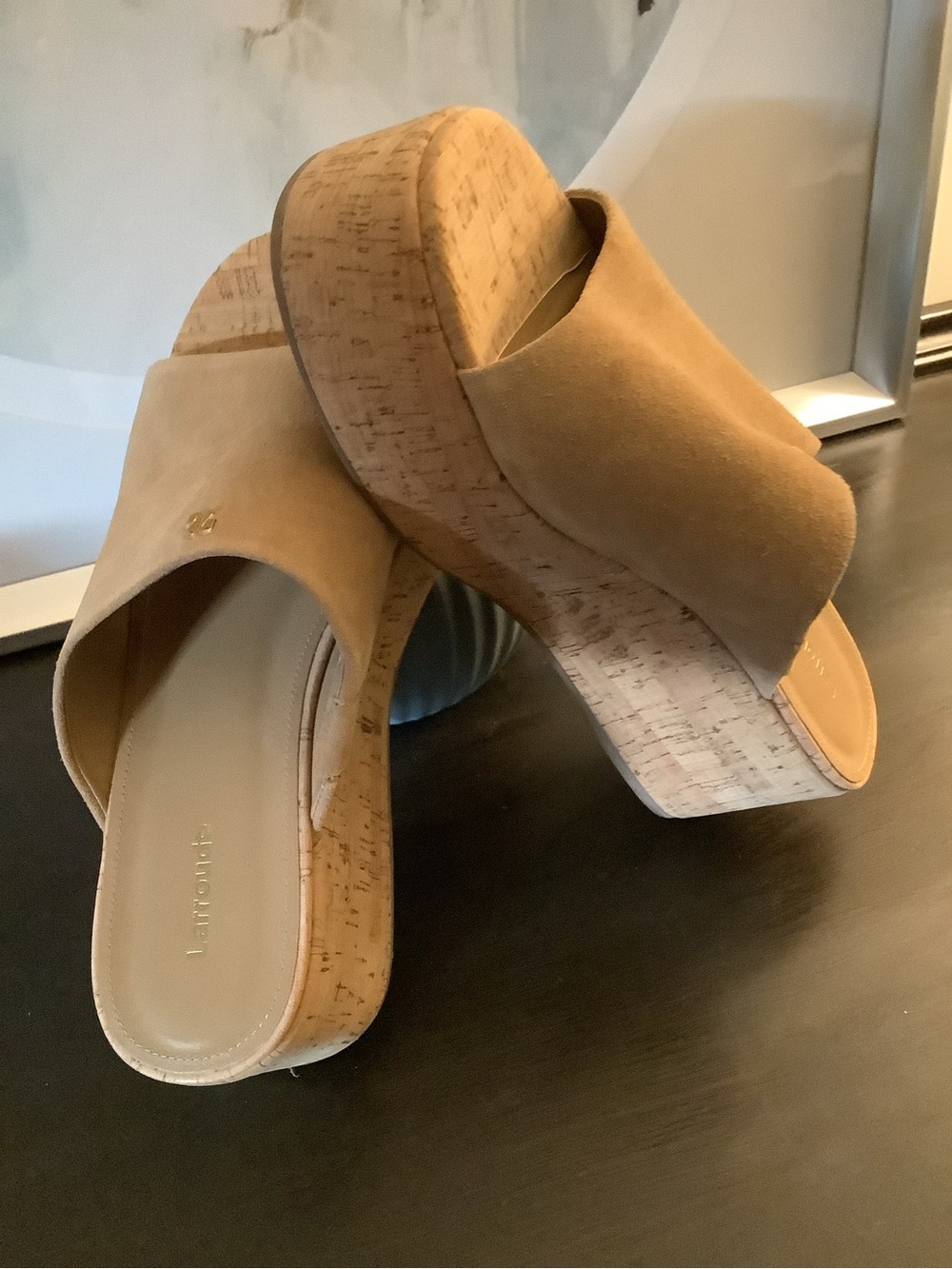 Larroude Tan Suede Cork Platform Mules